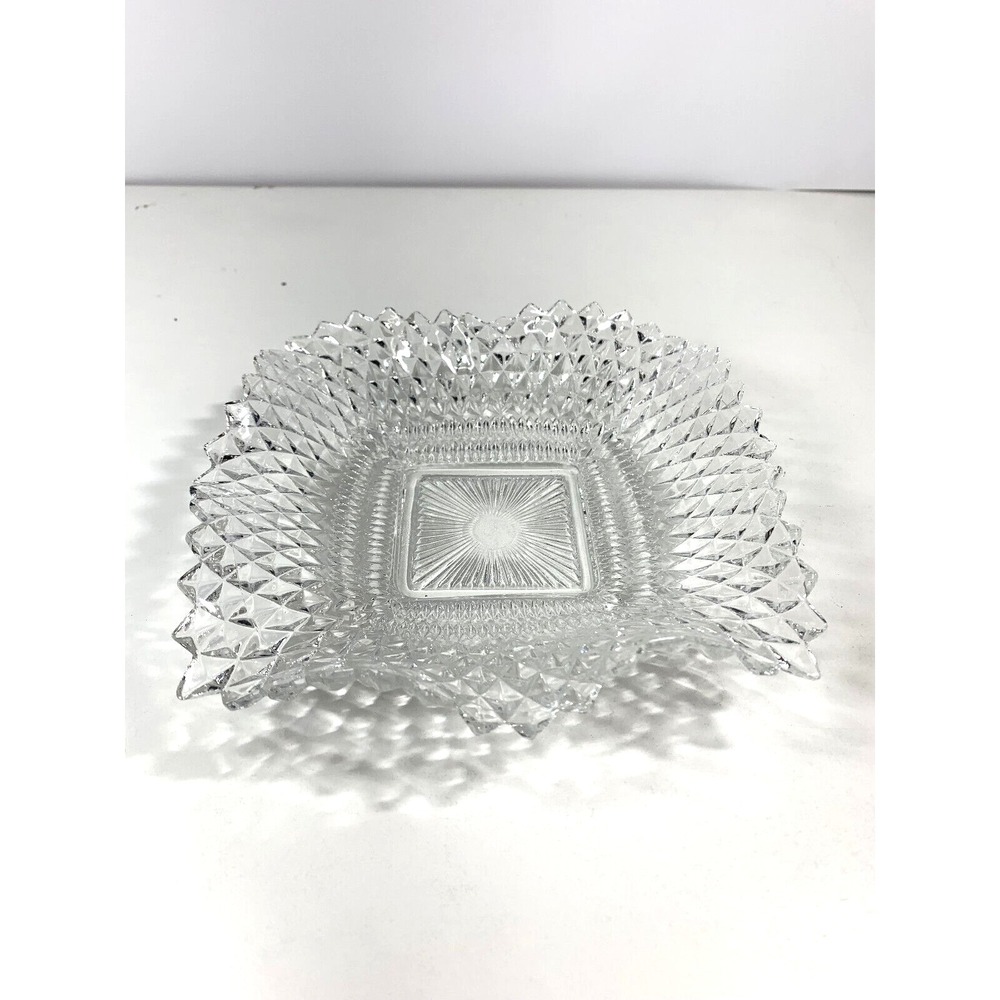 VTG Indiana Glass Clear Diamond Square Point Candy Dish Square 7''x7'' Ruffled